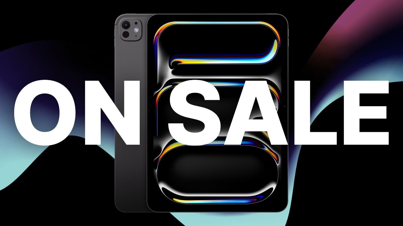 Apple iPad Pro 11-inch 2024 in Space Black with neon outlines on a dark background with the words ON SALE prominently displayed.