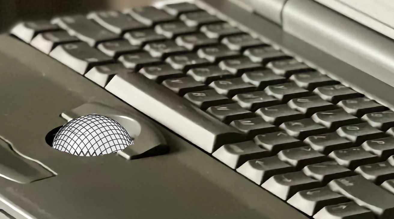 Close-up of a trackball mouse on a laptop keyboard, highlighting the spherical control and keys.
