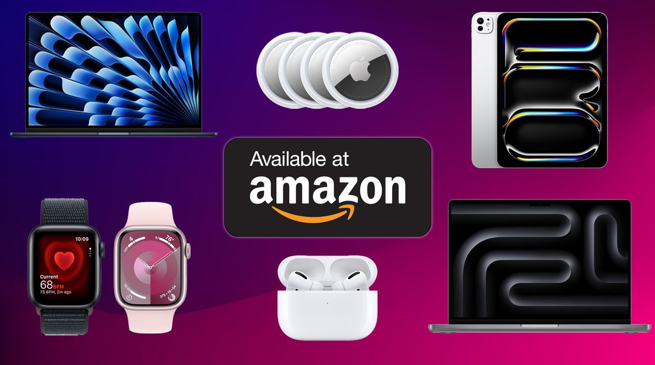 Collection of Apple devices and accessories with an 'Available at Amazon' badge in the center against a purple background.