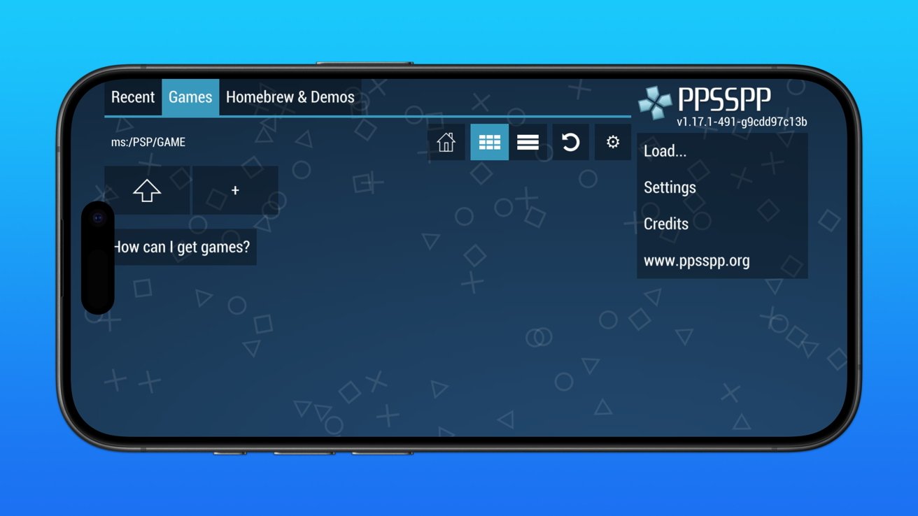 Smartphone displaying PPSSPP emulator interface with menu options and a question 'how can I get games?' on screen.