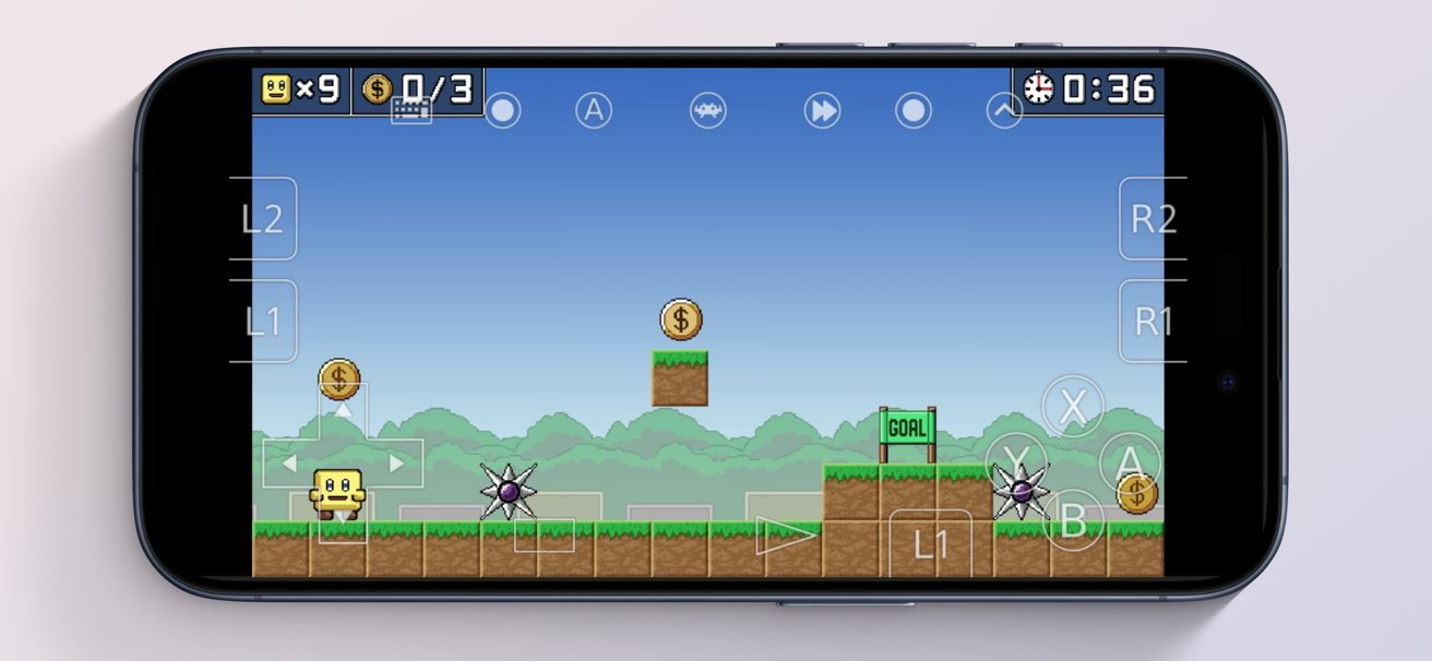 Smartphone displaying a pixelated platform game with a yellow character, collectible coins, hazards, and on-screen controls.