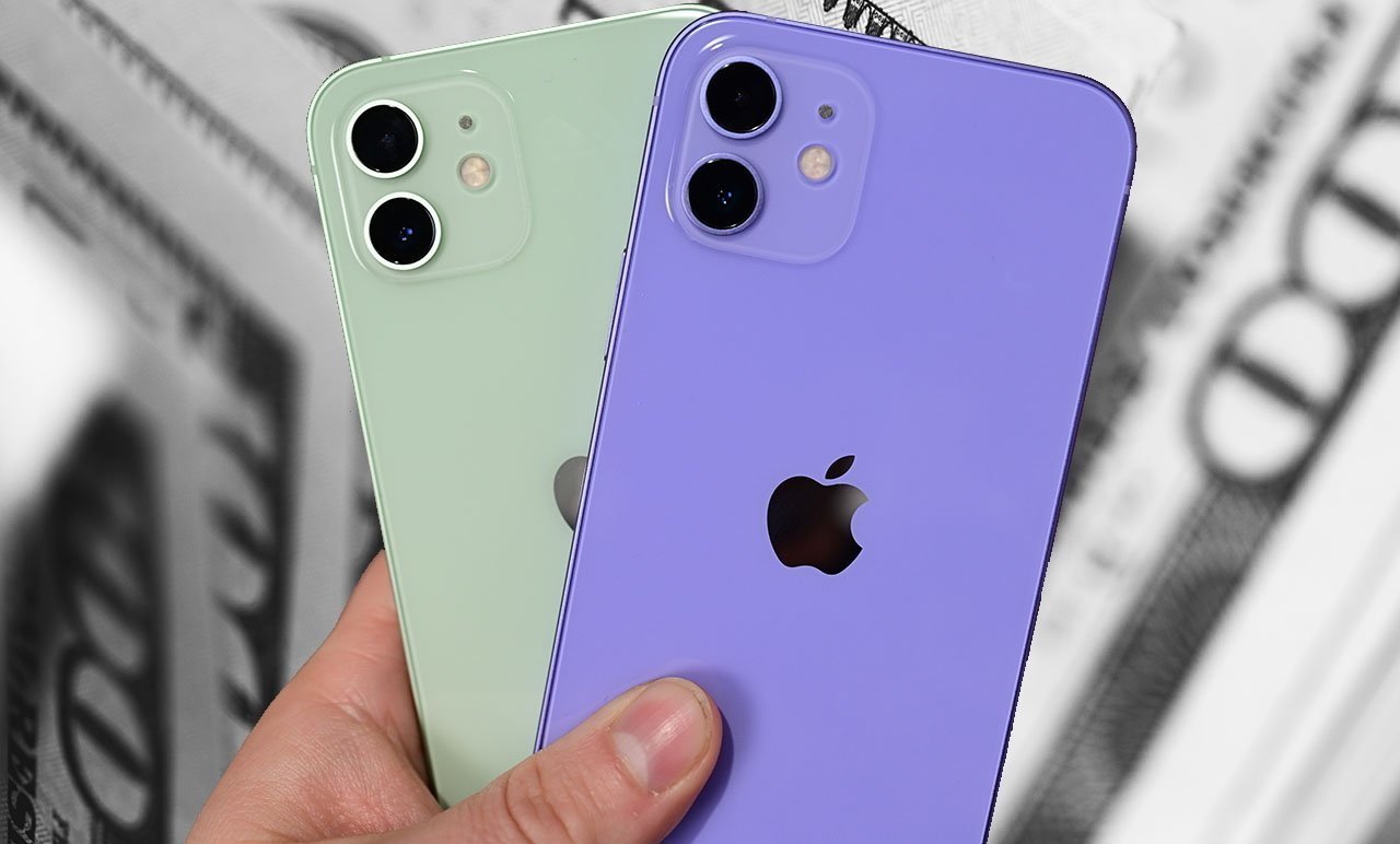 Picture of two older iPhone models with light green and purple coloring