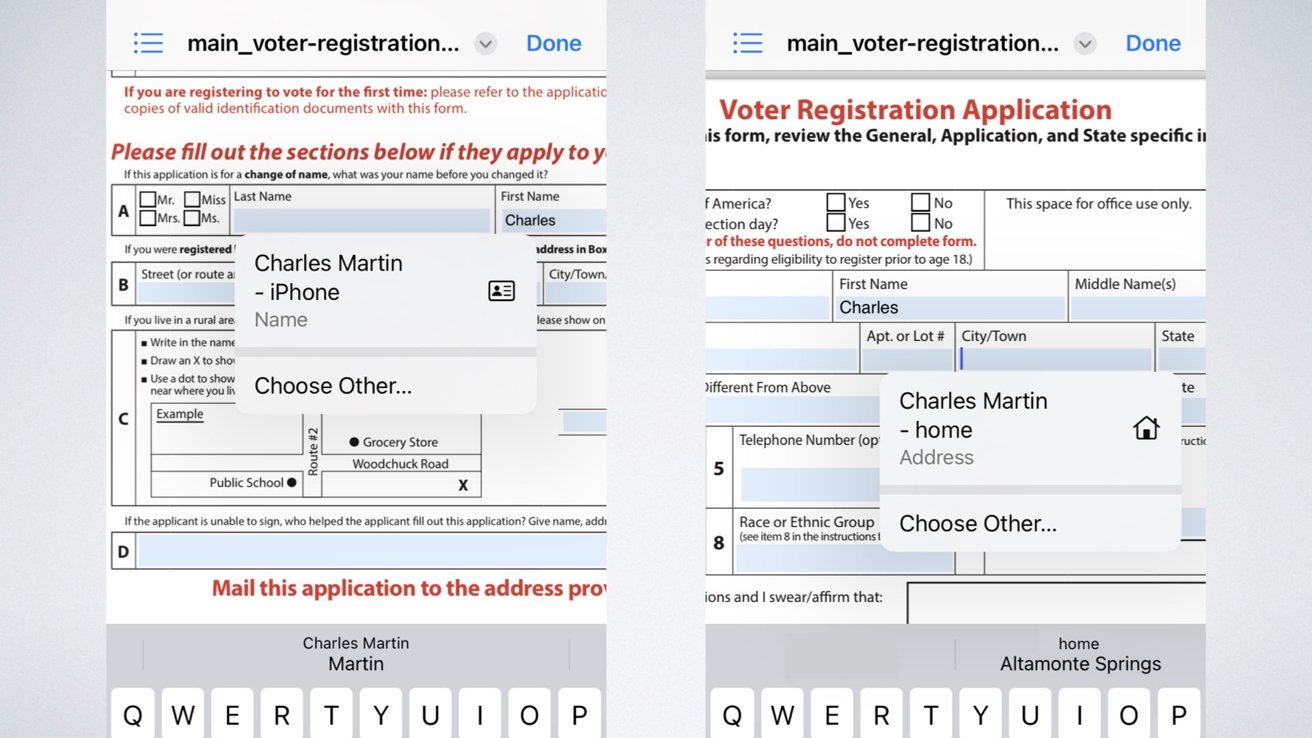 Two iPhone screens showing form fields being filled out via pop-up bubble or predictive text