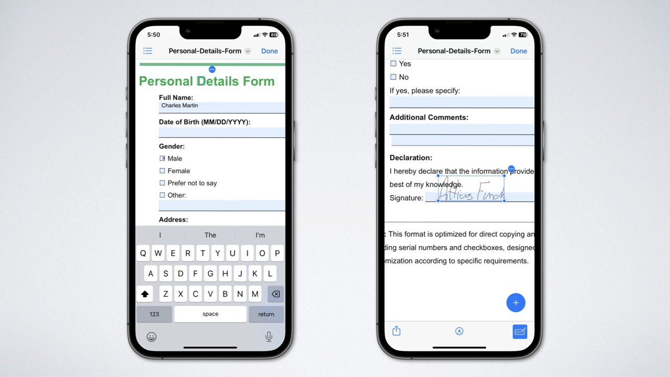 Two iphones with forms displayed, adding text and signatures to the form
