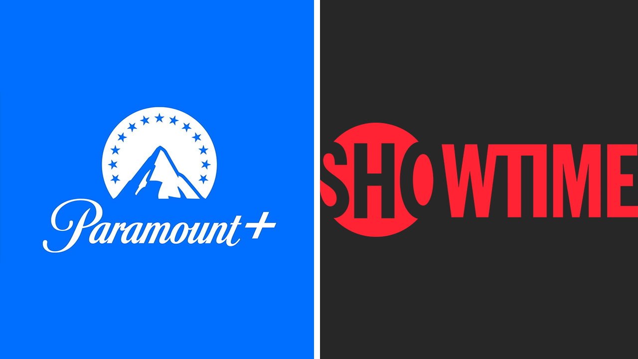 Paramount Plus on blue background with mountain and stars, Showtime in red on black background.
