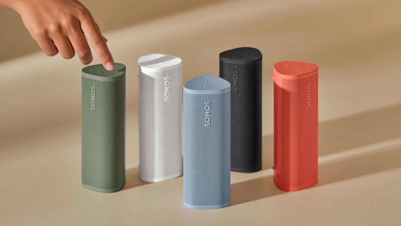 Five Sonos Roam 2 speakers highlighting the new colors Olive, Sunset, Wave, black, and white