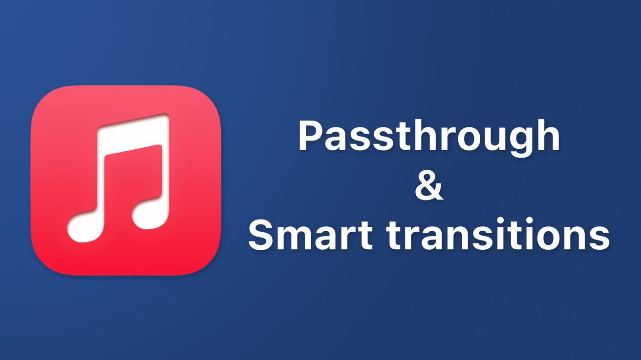 Red app icon with a white musical note on the left, and the words Passthrough & Smart transitions on the right against a blue background.