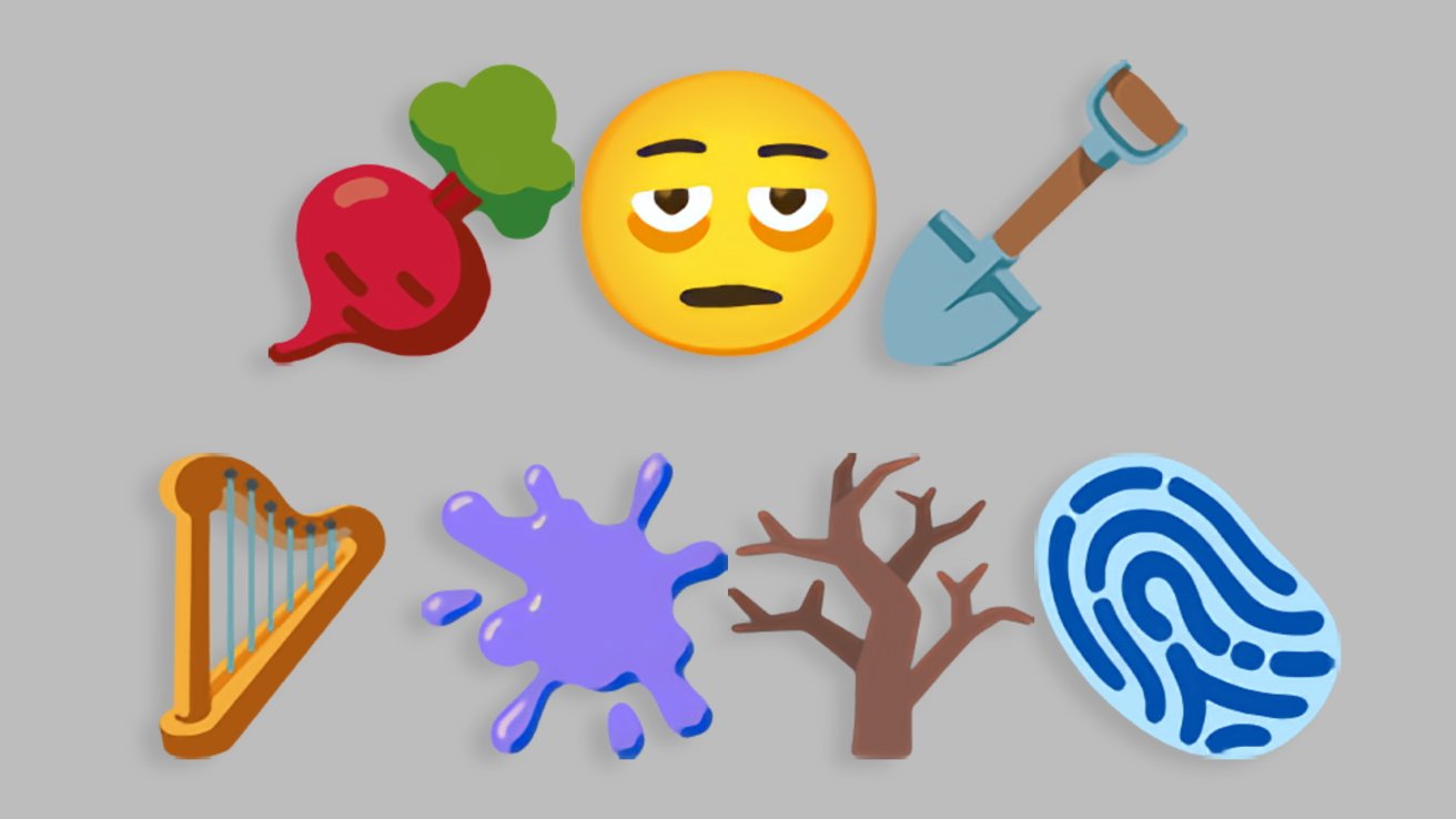 Emoji depicting a beet, tired face, shovel, harp, splatter, leafless tree, and fingerprint