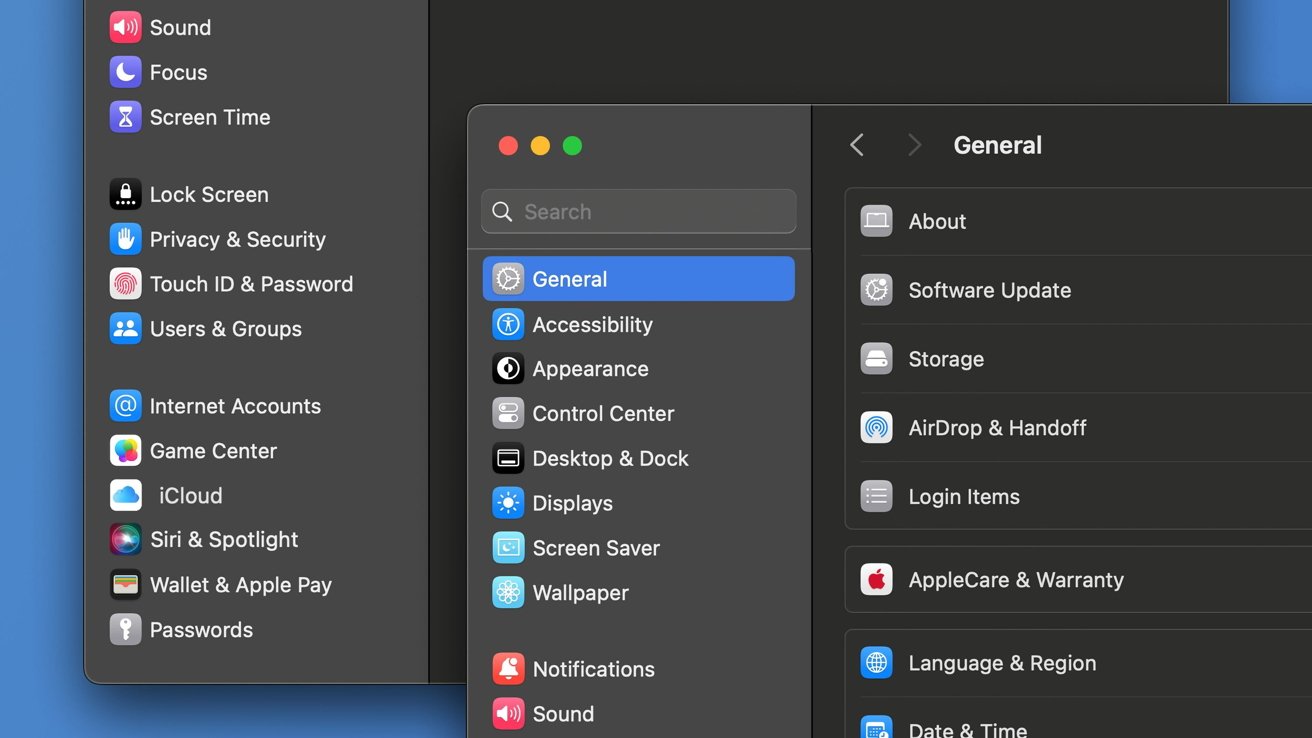 Mac OS settings window with categories like Sound, Privacy & Security, Touch ID, Wallpaper, Notifications, and the General tab selected showing options like Software Update and Storage.
