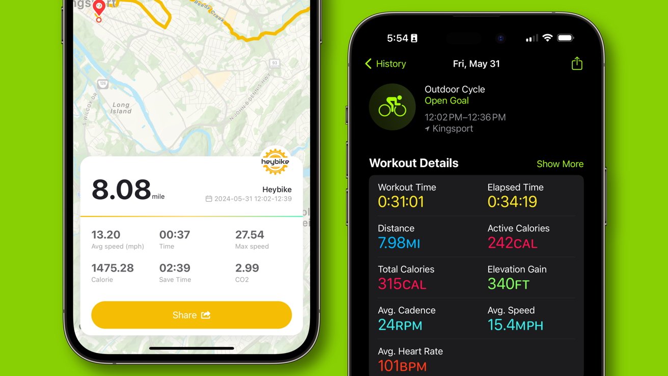 Heybike app on the left and Apple Fitness on the right, both showing a riding workout result.