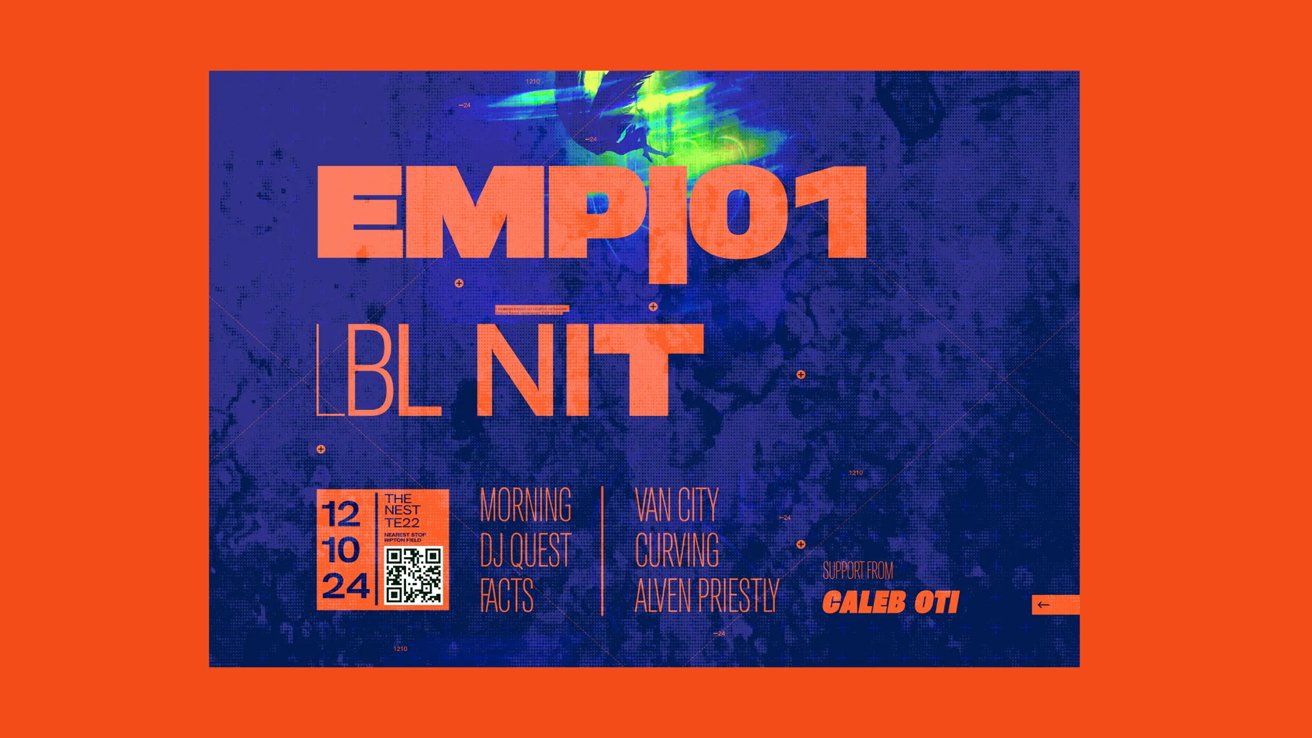 Event poster in blue and orange colors, text includes EMP101, LBL NIT, October 24, DJ Quest, Van City, Caleb Oti, QR code, and additional details.