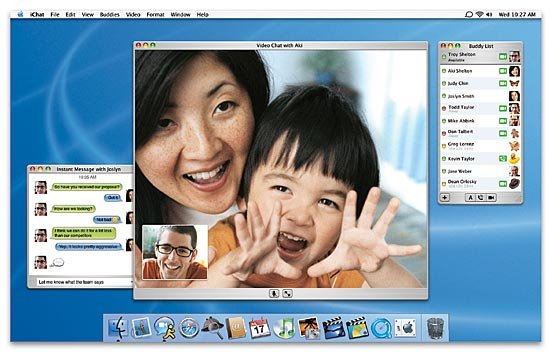 Screenshot of iChat app in use, with video chat, friends list, and text chatting windows open.