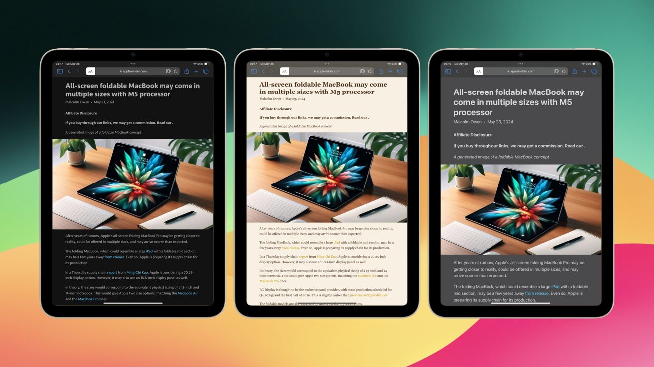 Three iPads showing three differently arranged Reader Mode pages