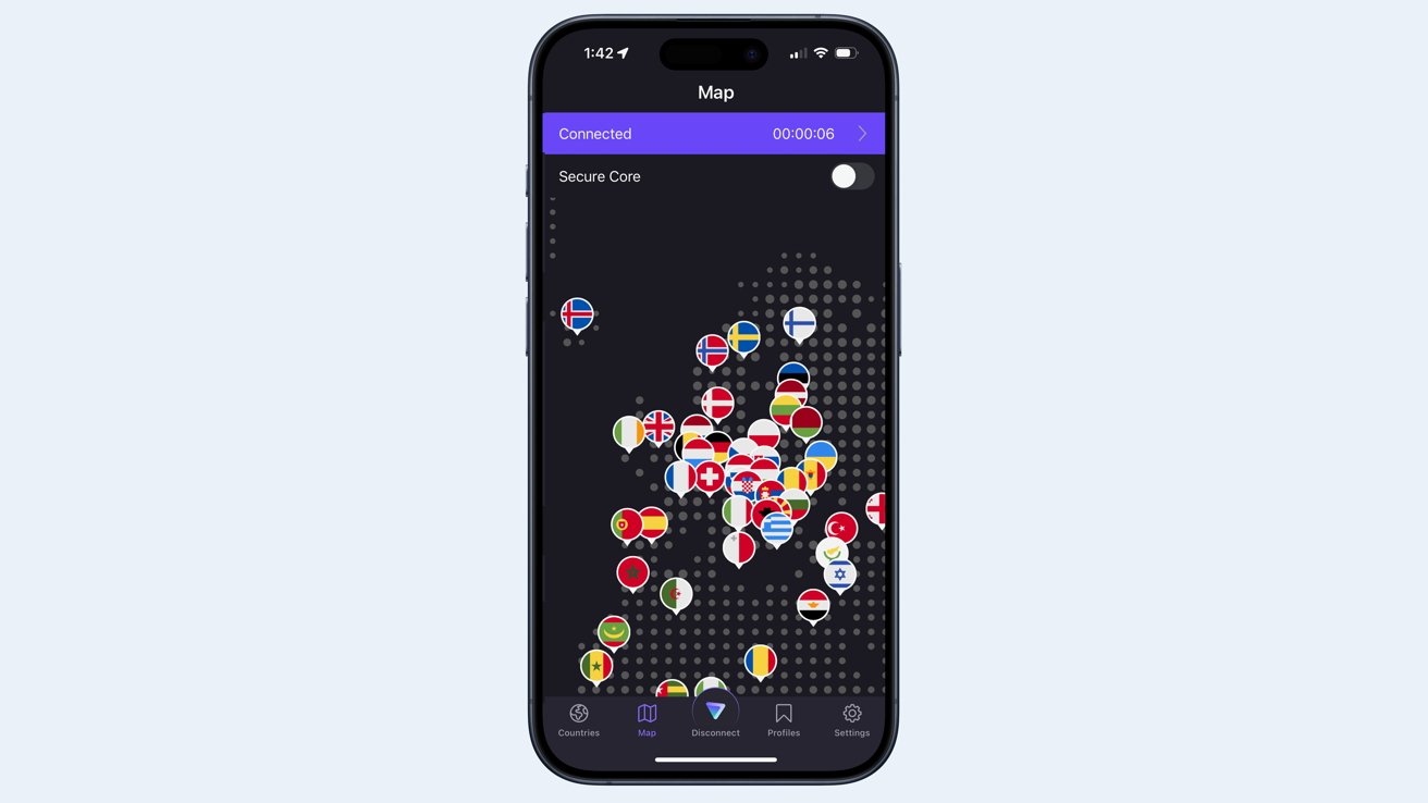 Smartphone screen with a map displaying flags of various countries as location markers. Upper section shows Proton VPN connection status, timer, and secure core toggle switch.