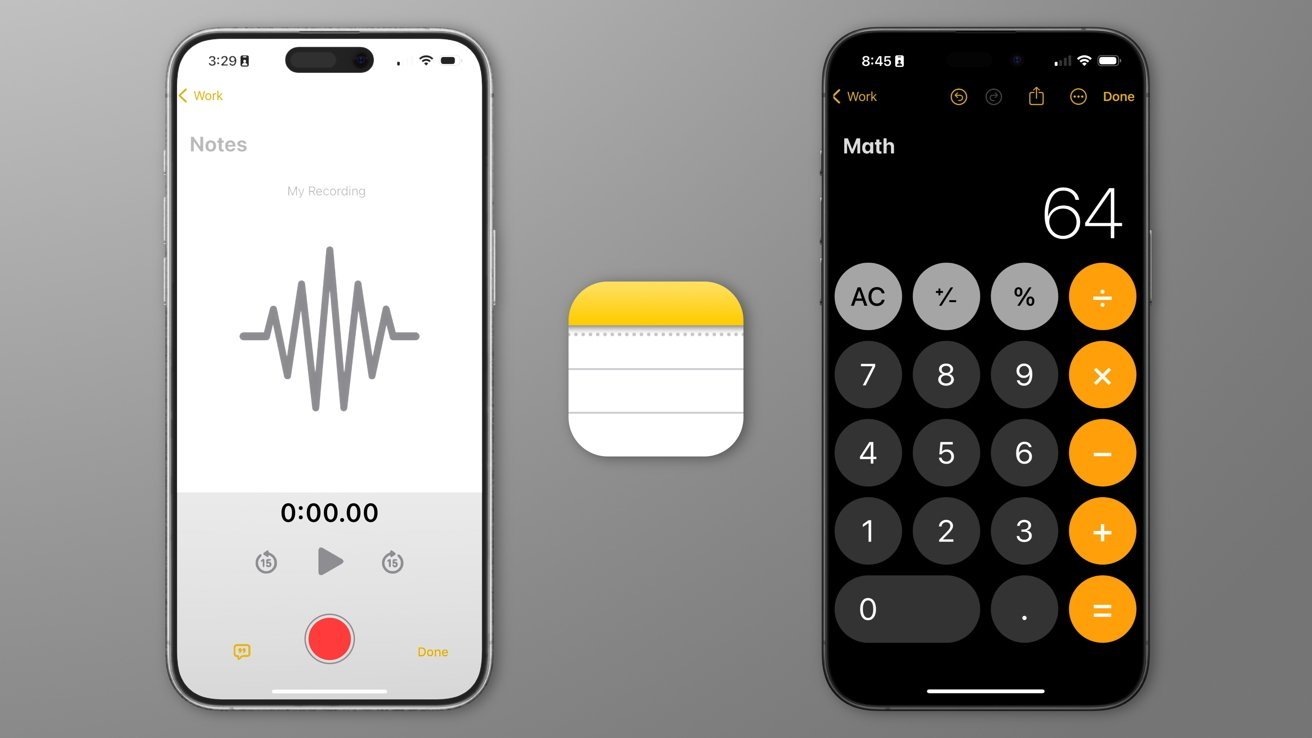 Two smartphones display notes and calculator apps with a yellow icon in the center. The first screen shows an audio recording interface; the second shows a calculator with the number 64.