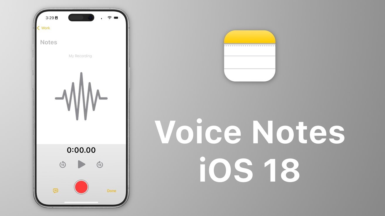 iPhone screen showing Voice Notes recording feature and the text 'Voice Notes iOS 18' on a gray background.