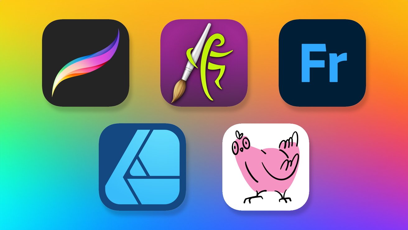 Icons of five apps on a colorful gradient background, featuring a feather, paintbrush, 'Fr' text, geometric shapes, and a cartoon pink bird.