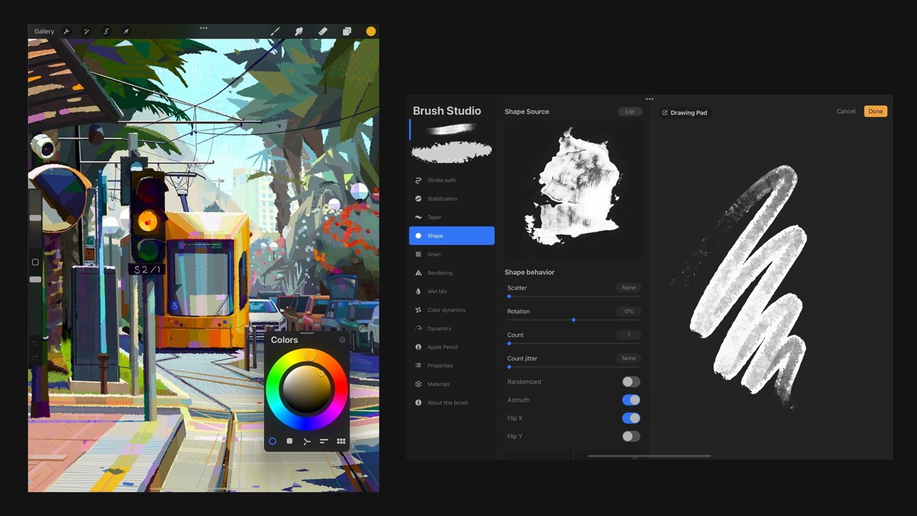 Digital painting software interface showing a vibrant streetcar scene on the left and brush settings with brush strokes on the right.