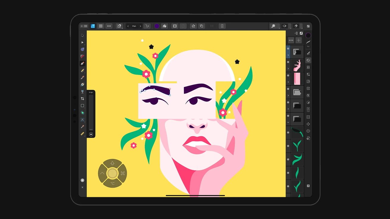 Colorful digital drawing of a woman's face with flowers and leaves on a yellow background, displayed on a tablet. A hand touches her chin.