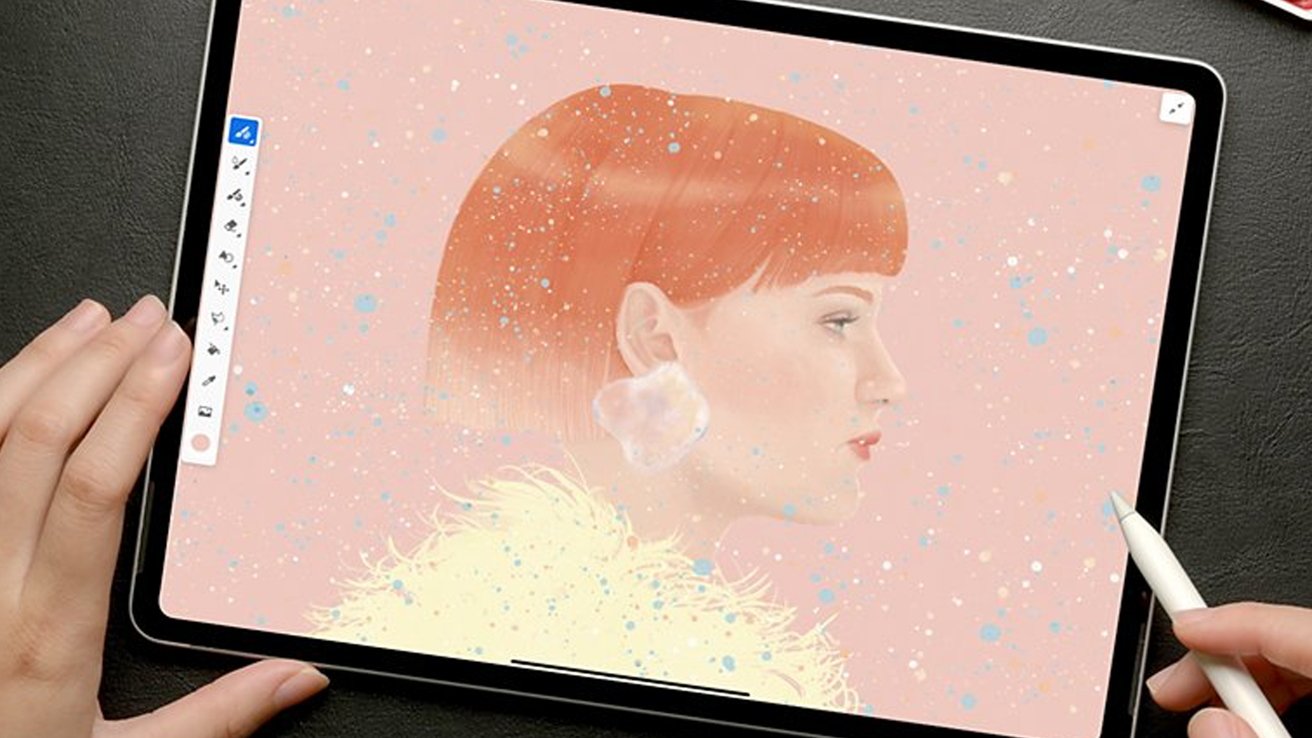 Digital painting of a red-haired woman with a pale coat on a tablet screen, held by two hands with a stylus.