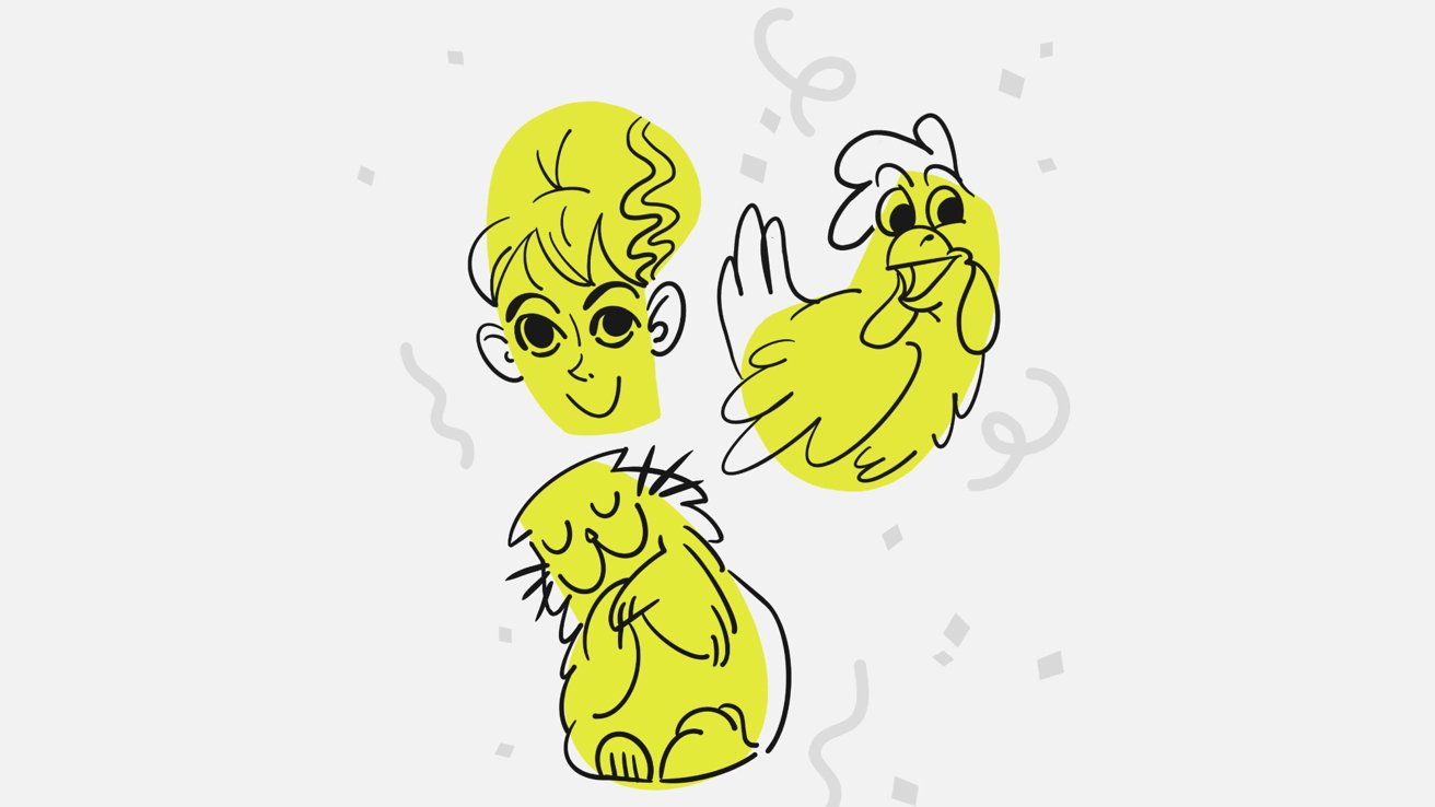 Illustration of a smiling person, a chicken, and a sitting cat, all sketched with yellow highlights and surrounded by confetti shapes.