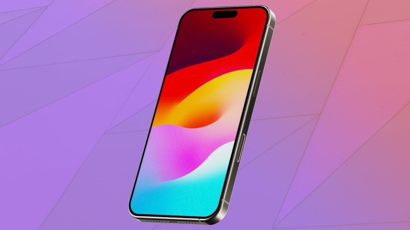 Smartphone with colorful wavy wallpaper on the screen, floating against a geometric purple and pink background.