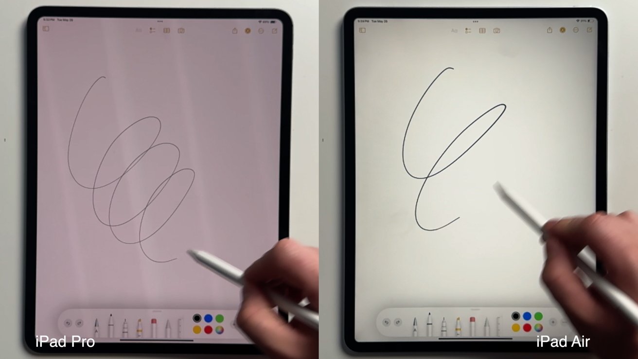 Demoing the slower refresh with a side by side freeze frame of using Apple Pencil Pro