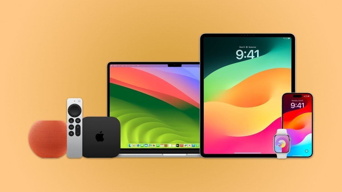 Several Apple devices sit on an orange background, including a laptop, tablet, smartphone, smartwatch, speaker, remote, and a black box.