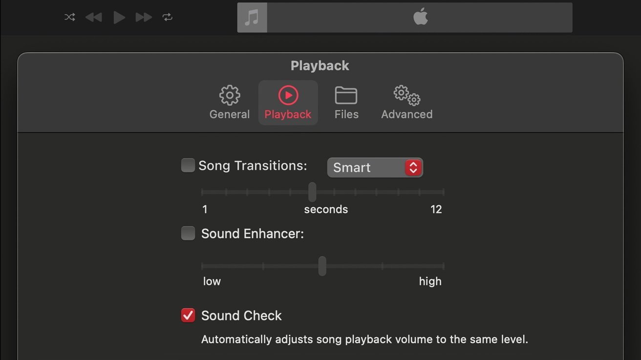 Music playback settings screen with tabs for General, Playback, Files, and Advanced. Options include Song Transitions, Sound Enhancer, and Sound Check.