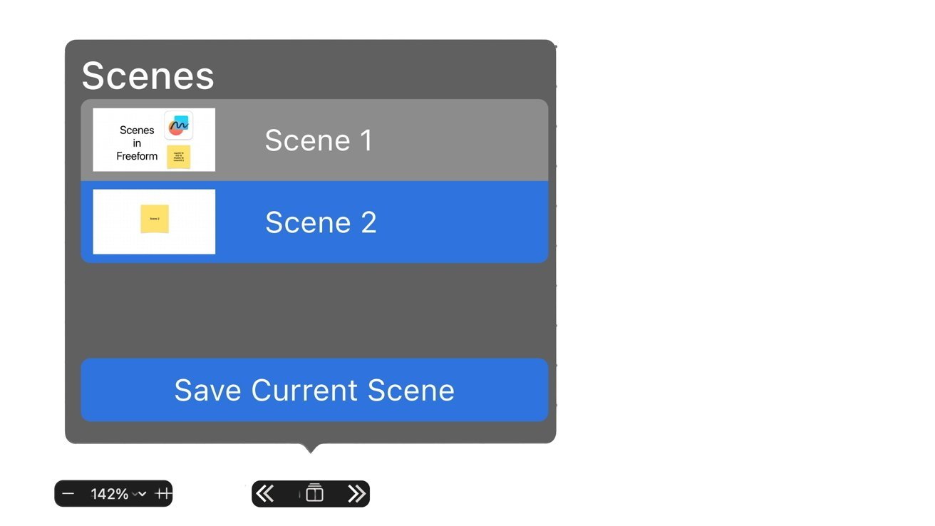 Nabídka výběru scény se dvěma scénami, „Scene 1“ a „Scene 2“.  Ve spodní části je tlačítko označené „Uložit aktuální scénu“.