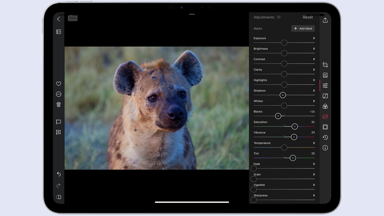 An ipad screen displays a photograph of a hyena with various adjustment sliders for editing visible on the right side.