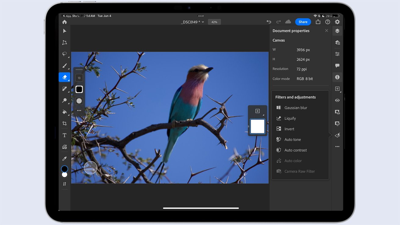 Colorful bird perched on a thorny branch, with the background showing a clear blue sky, displayed on a tablet screen showing an image editing application.