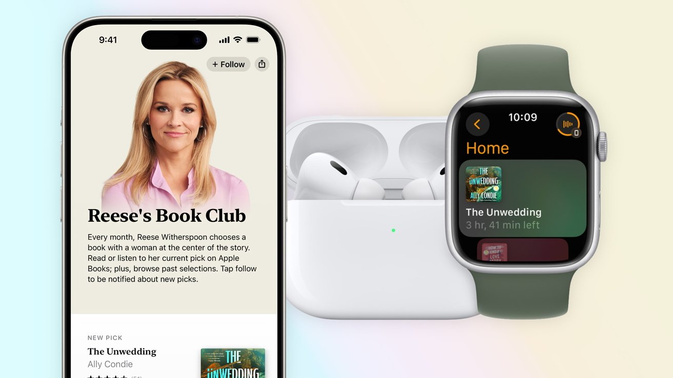 Smartphone displaying Reese's Book Club, AirPods in a charging case, and smartwatch showing audiobook 'The Unwedding' by Ally Condie with 3 hours, 41 minutes remaining.