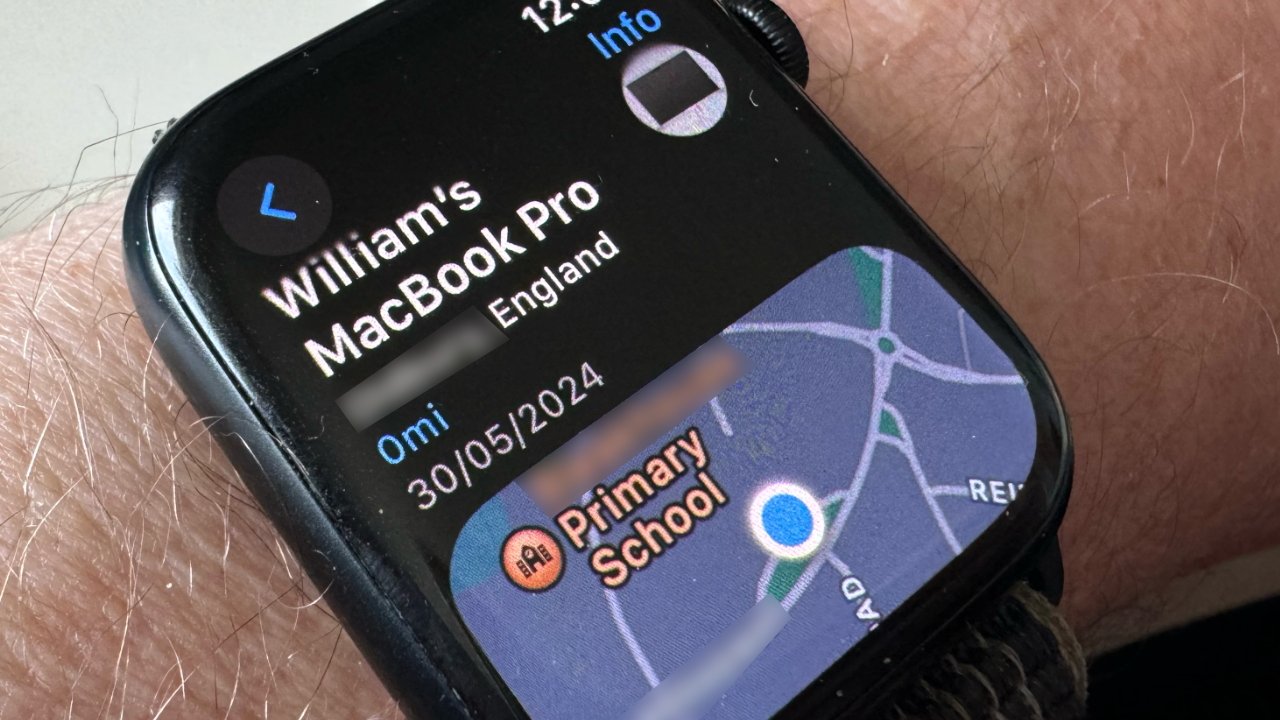 Apple Watch displaying a location map for 'William's MacBook Pro', indicating it is near a primary school in England with a date of 30/05/2024.