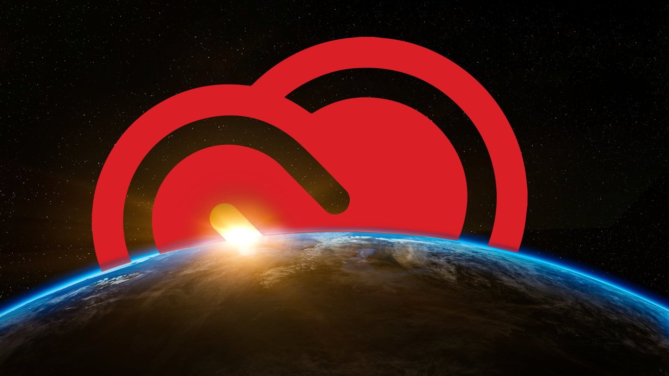 Red Creative Cloud logo above Earth horizon with sunrise and starry sky background.