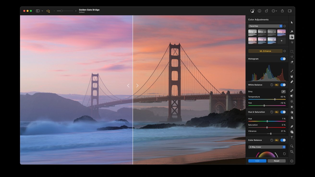Golden Gate Bridge scene with before-and-after editing comparison, vibrant sunset, software interface displaying color adjustments on the right side.