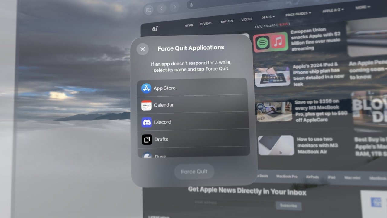 Force Quit Applications menu displaying App Store, Calendar, Discord, Drafts, and more apps, overlaid on a website with news articles and a scenic background.