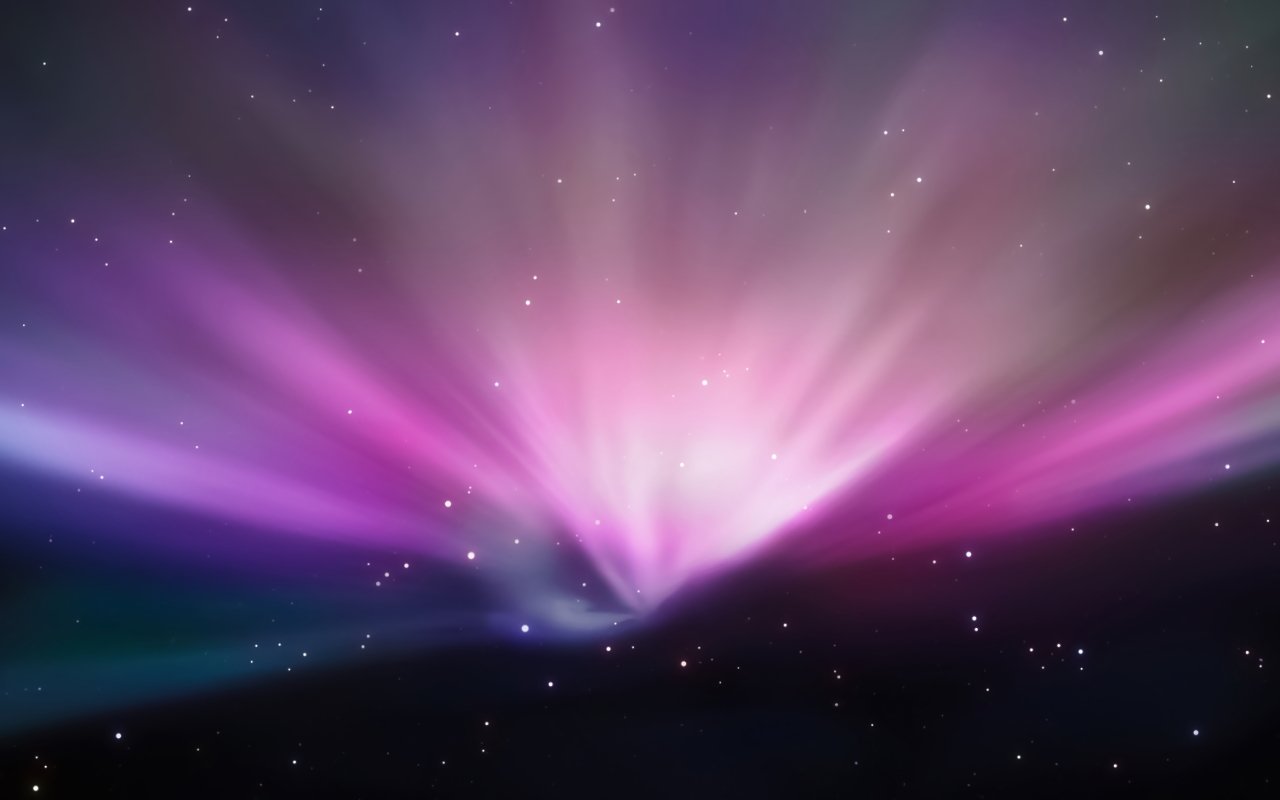 Colorful aurora with bright pink, purple, and white lights spreading outward in the night sky, dotted with small stars.