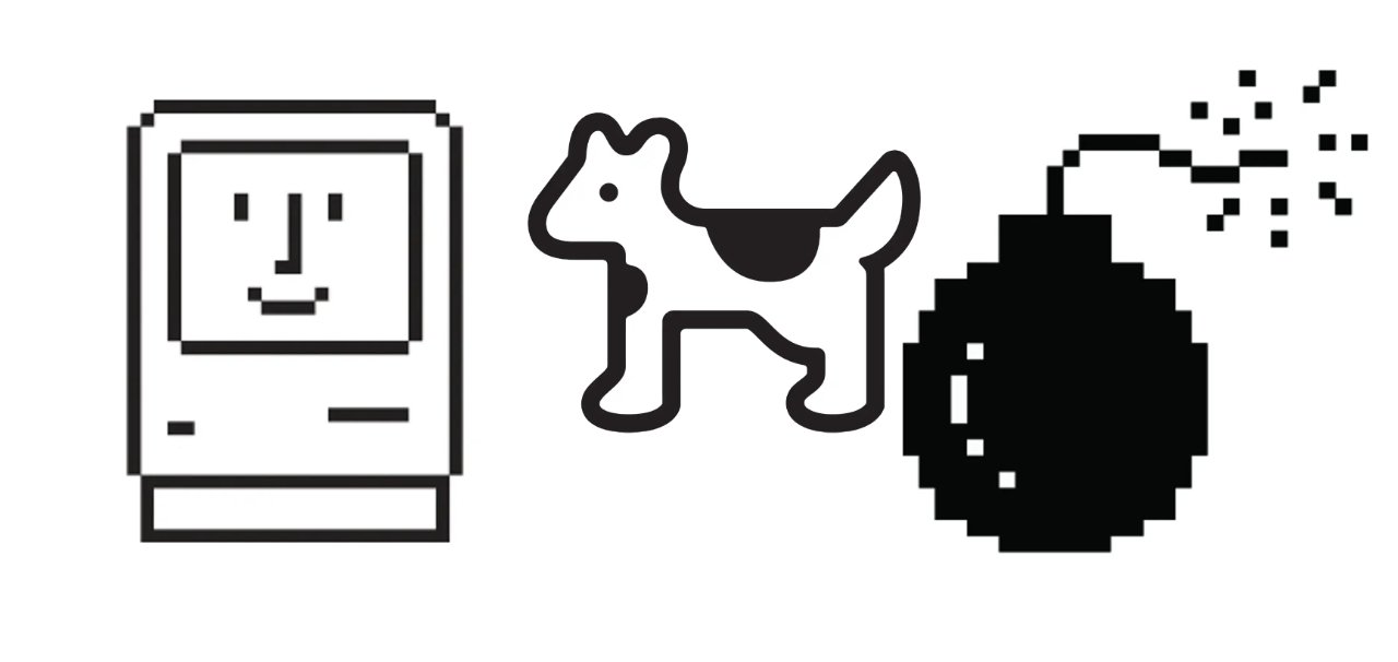 Pixelated drawings of a smiling computer, a dog, and a bomb with a lit fuse.