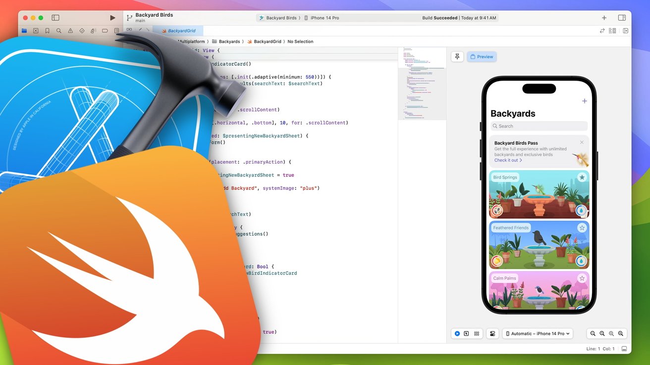 Xcode interface showing Swift code, iOS Simulator with a birds app, large Swift logo, Xcode icon, and hammer overlapping.