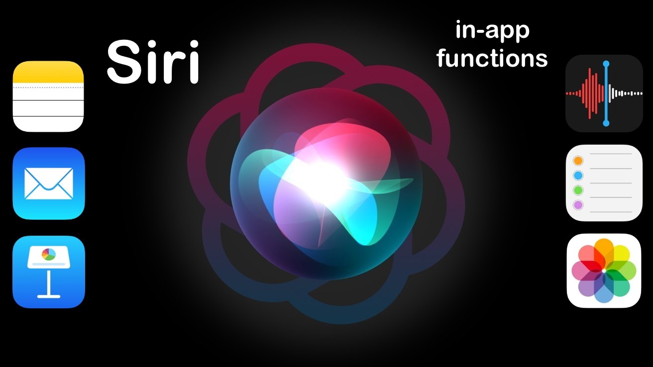 Siri logo surrounded by app icons for Notes, Mail, Keynote, Voice Memos, Reminders, and Photos, with the text 'in-app functions'.