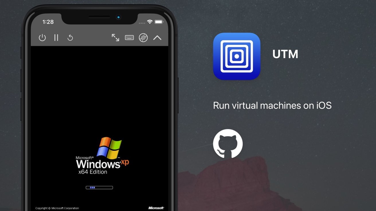 An iPhone display a Windows XP boot screen. Nearby, UTM logo with text: Run virtual machines on iOS, and a GitHub logo.