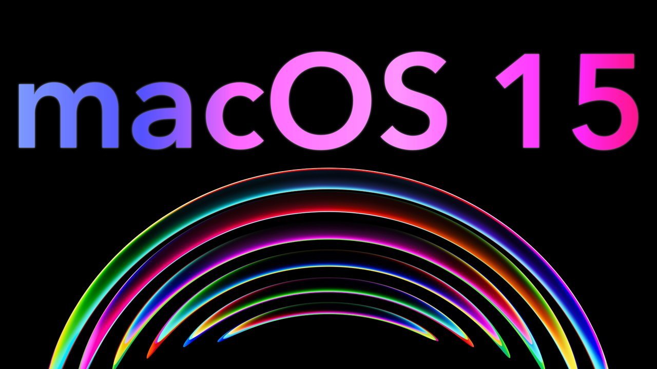 macOS 15 text in gradient colors above curved, multicolored neon lines on a black background