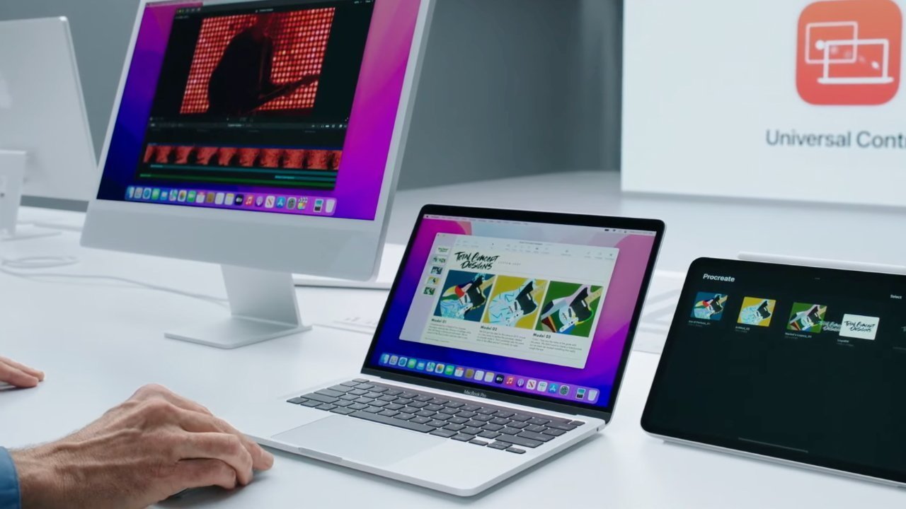 Three connected Apple devices; an iMac with a video editing software, a MacBook displaying design thumbnails, and an iPad with design tools. One hand is controlling the MacBook.