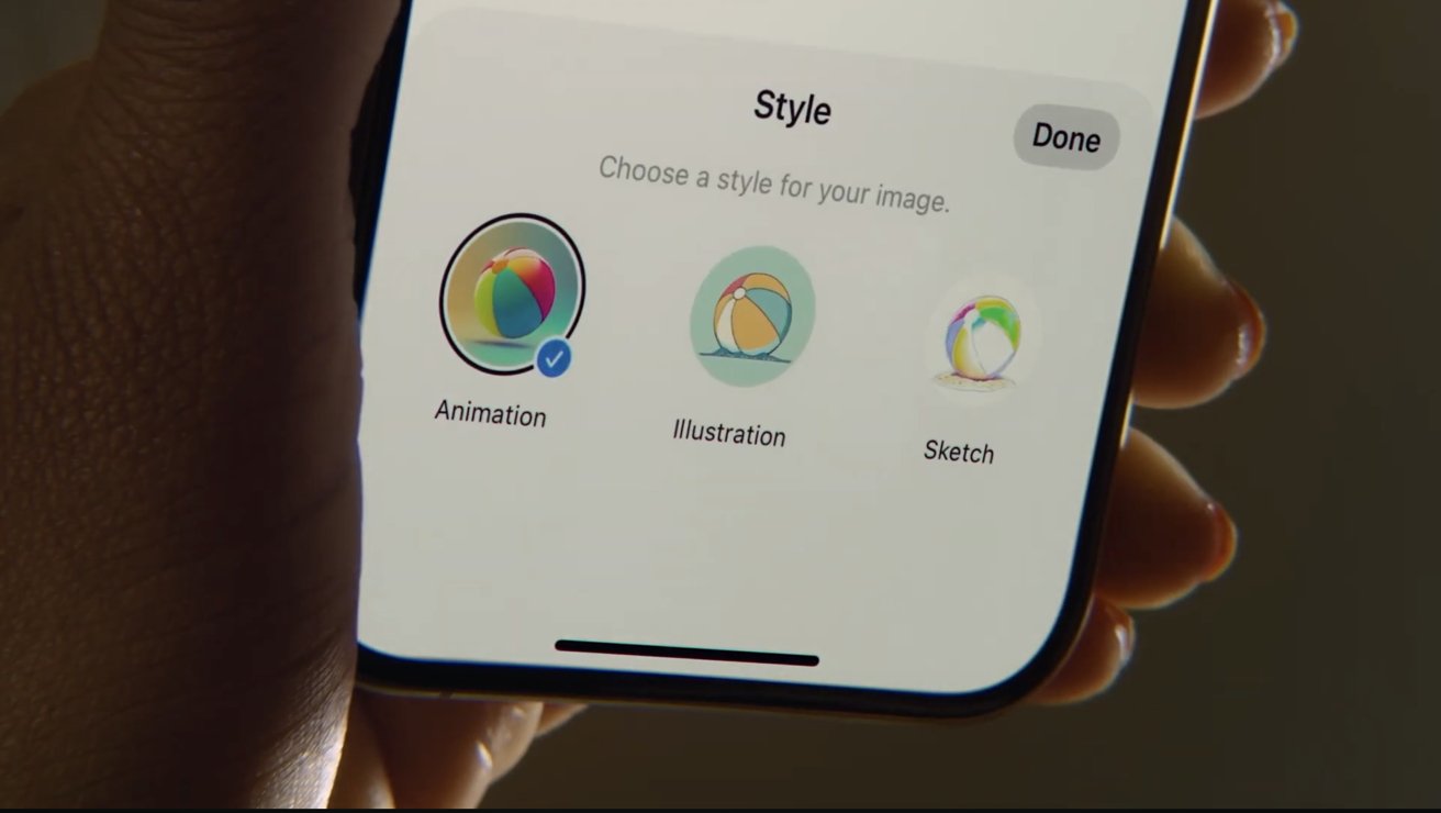 Close-up of a phone screen showing style options for an image: Animation, Illustration, and Sketch, with Animation selected, and a Done button in the corner.