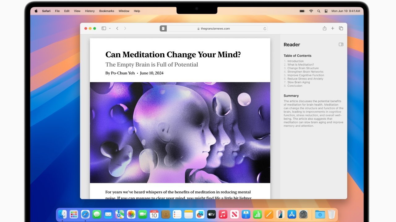 Computer screen displaying an article titled 'Can Meditation Change Your Mind?' with abstract artwork of heads in profile and surrounding bubbles. Sections on meditation benefits listed on the side.