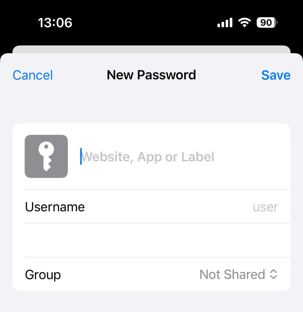 Password creation screen with sections for website, username (user entered), and group sharing status (not shared). Options to save or cancel at the top. Time displayed is 13:06.