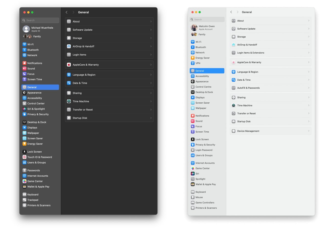 Comparison of dark and light mode macOS settings panels, showing categories like Wi-Fi, Bluetooth, General, Accessibility, and more in two different color themes.