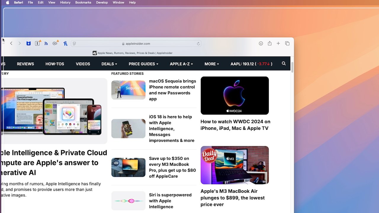 Screenshot of a website page showing Apple-related news headlines, navigation tabs, and images of Apple products and logos.