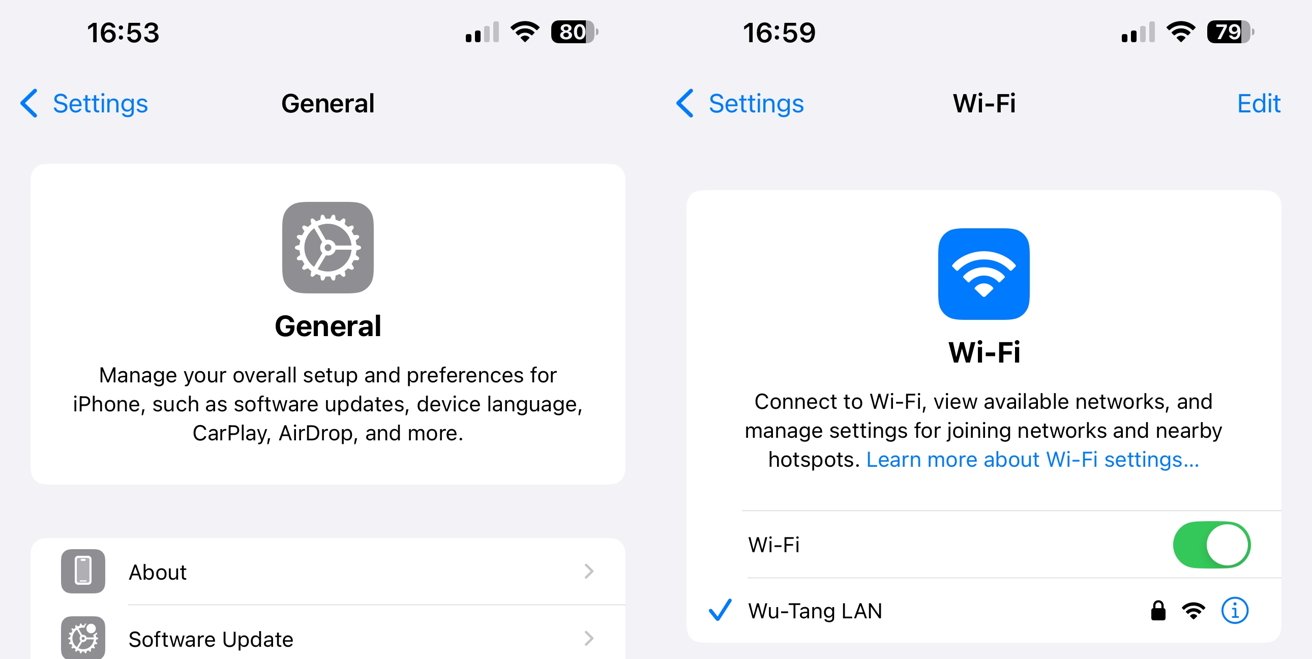 Two iPhone settings screens: General settings on the left, Wi-Fi settings on the right, connected to 'Wu-Tang LAN'.